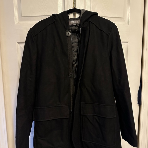 Kenneth Cole Black Hooded Wool Pea Coat - Picture 1 of 7